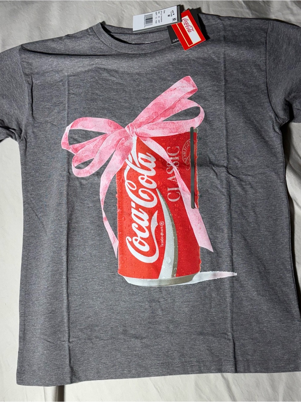 Coca Cola Gray Tee with Red Can and Pink Bow Graphic